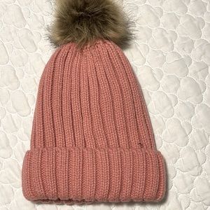 Pink faux fur Pom Pom rolled brim lined hat